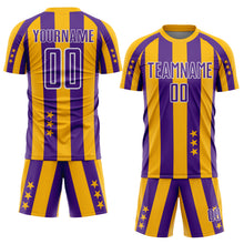 Laden Sie das Bild in den Galerie-Viewer, Custom Gold Purple-White Stars And Stripes Sports Sublimation Soccer Uniform Jersey
