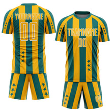 Load image into Gallery viewer, Custom Teal Gold-White Stars And Stripes Sports Sublimation Soccer Uniform Jersey
