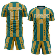 Load image into Gallery viewer, Custom Teal Old Gold-White Stars And Stripes Sports Sublimation Soccer Uniform Jersey
