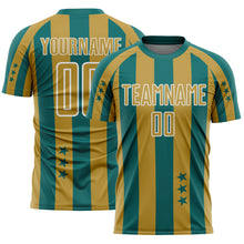 Load image into Gallery viewer, Custom Teal Old Gold-White Stars And Stripes Sports Sublimation Soccer Uniform Jersey
