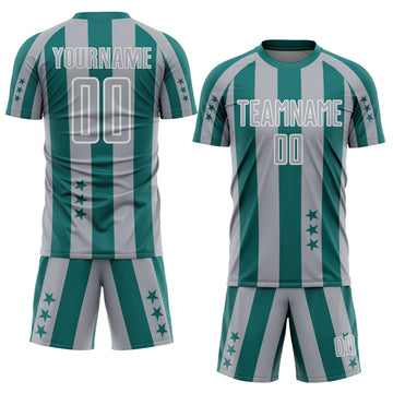 Custom Teal Gray-White Stars And Stripes Sports Sublimation Soccer Uniform Jersey