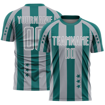 Custom Teal Gray-White Stars And Stripes Sports Sublimation Soccer Uniform Jersey