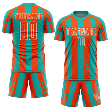 Custom Aqua Orange-White Stars And Stripes Sports Sublimation Soccer Uniform Jersey