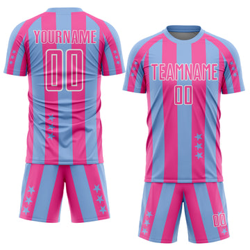 Custom Light Blue Pink-White Stars And Stripes Sports Sublimation Soccer Uniform Jersey