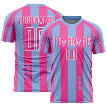 Custom Light Blue Pink-White Stars And Stripes Sports Sublimation Soccer Uniform Jersey