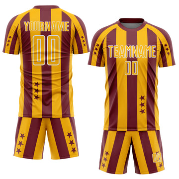 Custom Burgundy Gold-White Stars And Stripes Sports Sublimation Soccer Uniform Jersey