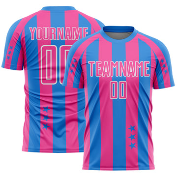 Custom Powder Blue Pink-White Stars And Stripes Sports Sublimation Soccer Uniform Jersey