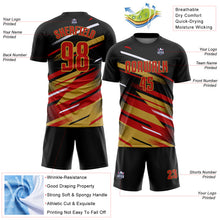 Load image into Gallery viewer, Custom Black Red Old Gold-White Grunge Stripe And Grainy Sports Sublimation Soccer Uniform Jersey
