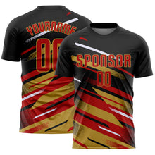 Load image into Gallery viewer, Custom Black Red Old Gold-White Grunge Stripe And Grainy Sports Sublimation Soccer Uniform Jersey

