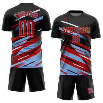 Custom Black Red Light Blue-White Grunge Stripe And Grainy Sports Sublimation Soccer Uniform Jersey