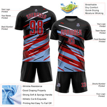 Load image into Gallery viewer, Custom Black Red Light Blue-White Grunge Stripe And Grainy Sports Sublimation Soccer Uniform Jersey
