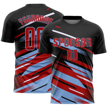 Custom Black Red Light Blue-White Grunge Stripe And Grainy Sports Sublimation Soccer Uniform Jersey