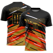 Load image into Gallery viewer, Custom Black Orange Old Gold-White Grunge Stripe And Grainy Sports Sublimation Soccer Uniform Jersey
