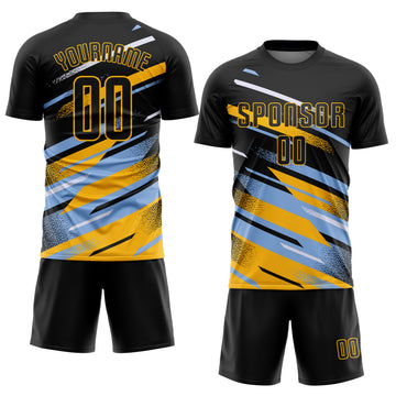 Custom Black Light Blue Gold-White Grunge Stripe And Grainy Sports Sublimation Soccer Uniform Jersey