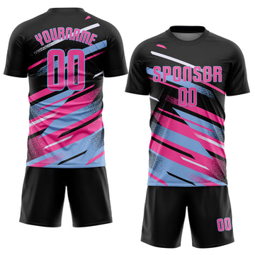 Custom Black Pink Light Blue-White Grunge Stripe And Grainy Sports Sublimation Soccer Uniform Jersey