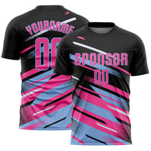 Load image into Gallery viewer, Custom Black Pink Light Blue-White Grunge Stripe And Grainy Sports Sublimation Soccer Uniform Jersey

