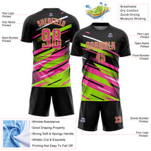 Load image into Gallery viewer, Custom Black Pink Neon Green-White Grunge Stripe And Grainy Sports Sublimation Soccer Uniform Jersey
