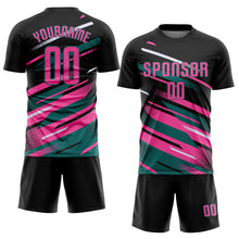 Laden Sie das Bild in den Galerie-Viewer, Custom Black Pink Teal-White Grunge Stripe And Grainy Sports Sublimation Soccer Uniform Jersey
