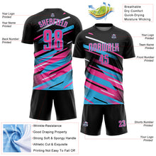 Load image into Gallery viewer, Custom Black Pink Sky Blue-White Grunge Stripe And Grainy Sports Sublimation Soccer Uniform Jersey
