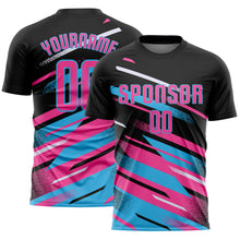 Load image into Gallery viewer, Custom Black Pink Sky Blue-White Grunge Stripe And Grainy Sports Sublimation Soccer Uniform Jersey
