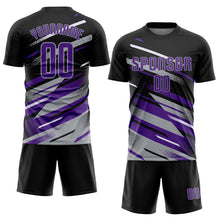 Charger l'image dans la galerie, Custom Black Purple Gray-White Grunge Stripe And Grainy Sports Sublimation Soccer Uniform Jersey
