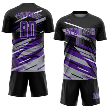 Custom Black Purple Gray-White Grunge Stripe And Grainy Sports Sublimation Soccer Uniform Jersey