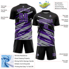 Charger l'image dans la galerie, Custom Black Purple Gray-White Grunge Stripe And Grainy Sports Sublimation Soccer Uniform Jersey
