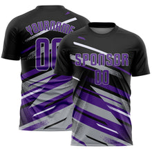 Charger l'image dans la galerie, Custom Black Purple Gray-White Grunge Stripe And Grainy Sports Sublimation Soccer Uniform Jersey
