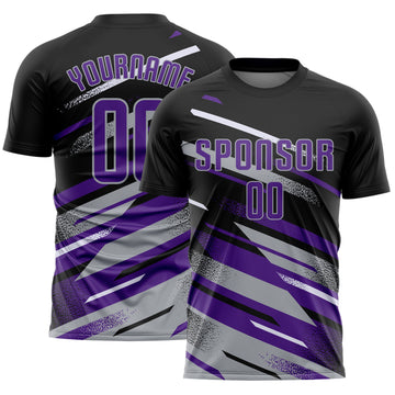 Custom Black Purple Gray-White Grunge Stripe And Grainy Sports Sublimation Soccer Uniform Jersey