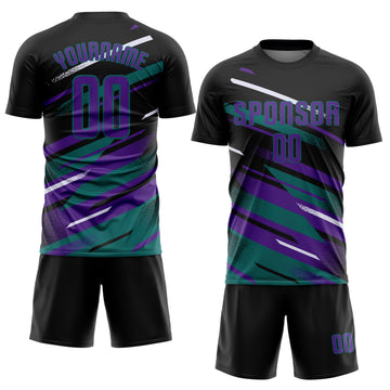 Custom Black Purple Teal-White Grunge Stripe And Grainy Sports Sublimation Soccer Uniform Jersey