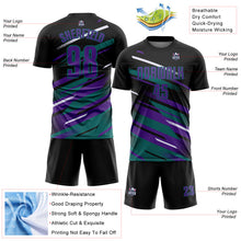 Laden Sie das Bild in den Galerie-Viewer, Custom Black Purple Teal-White Grunge Stripe And Grainy Sports Sublimation Soccer Uniform Jersey
