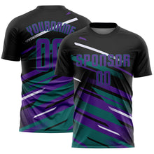 Laden Sie das Bild in den Galerie-Viewer, Custom Black Purple Teal-White Grunge Stripe And Grainy Sports Sublimation Soccer Uniform Jersey
