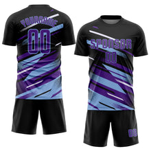 Laden Sie das Bild in den Galerie-Viewer, Custom Black Purple Light Blue-White Grunge Stripe And Grainy Sports Sublimation Soccer Uniform Jersey
