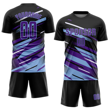 Custom Black Purple Light Blue-White Grunge Stripe And Grainy Sports Sublimation Soccer Uniform Jersey