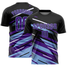 Laden Sie das Bild in den Galerie-Viewer, Custom Black Purple Light Blue-White Grunge Stripe And Grainy Sports Sublimation Soccer Uniform Jersey
