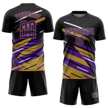 Charger l'image dans la galerie, Custom Black Purple Old Gold-White Grunge Stripe And Grainy Sports Sublimation Soccer Uniform Jersey
