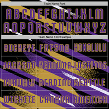 Charger l'image dans la galerie, Custom Black Purple Old Gold-White Grunge Stripe And Grainy Sports Sublimation Soccer Uniform Jersey
