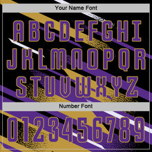 Charger l'image dans la galerie, Custom Black Purple Old Gold-White Grunge Stripe And Grainy Sports Sublimation Soccer Uniform Jersey
