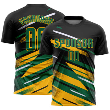 Custom Black Kelly Green Gold-White Grunge Stripe And Grainy Sports Sublimation Soccer Uniform Jersey