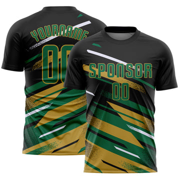Custom Black Kelly Green Old Gold-White Grunge Stripe And Grainy Sports Sublimation Soccer Uniform Jersey