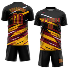 Загрузить изображение в средство просмотра галереи, Custom Black Crimson Gold-White Grunge Stripe And Grainy Sports Sublimation Soccer Uniform Jersey
