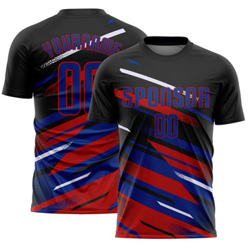 Custom Black Royal Red-White Grunge Stripe And Grainy Sports Sublimation Soccer Uniform Jersey