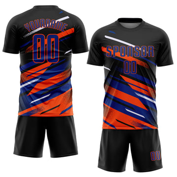Custom Black Royal Orange-White Grunge Stripe And Grainy Sports Sublimation Soccer Uniform Jersey