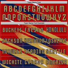 Laden Sie das Bild in den Galerie-Viewer, Custom Red Old Gold Navy-White Grunge Stripe And Grainy Sports Sublimation Soccer Uniform Jersey
