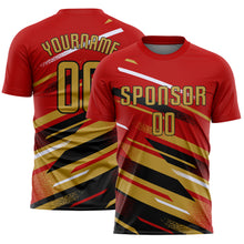 Laden Sie das Bild in den Galerie-Viewer, Custom Red Old Gold Black-White Grunge Stripe And Grainy Sports Sublimation Soccer Uniform Jersey
