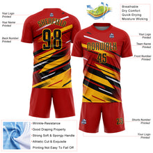 Laden Sie das Bild in den Galerie-Viewer, Custom Red Black Gold-White Grunge Stripe And Grainy Sports Sublimation Soccer Uniform Jersey
