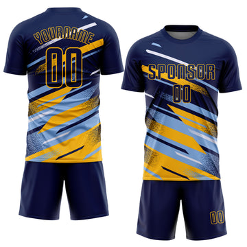 Custom Navy Light Blue Gold-White Grunge Stripe And Grainy Sports Sublimation Soccer Uniform Jersey