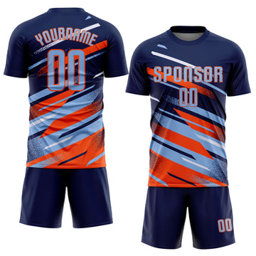 Custom Navy Light Blue Orange-White Grunge Stripe And Grainy Sports Sublimation Soccer Uniform Jersey