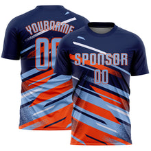 Load image into Gallery viewer, Custom Navy Light Blue Orange-White Grunge Stripe And Grainy Sports Sublimation Soccer Uniform Jersey
