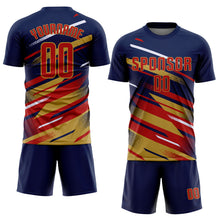 Загрузить изображение в средство просмотра галереи, Custom Navy Red Old Gold-White Grunge Stripe And Grainy Sports Sublimation Soccer Uniform Jersey
